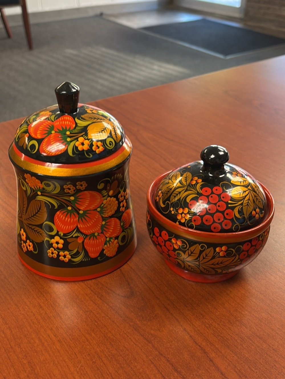 Vintage Russian Khokhloma Wood Canister and Bowl Set
